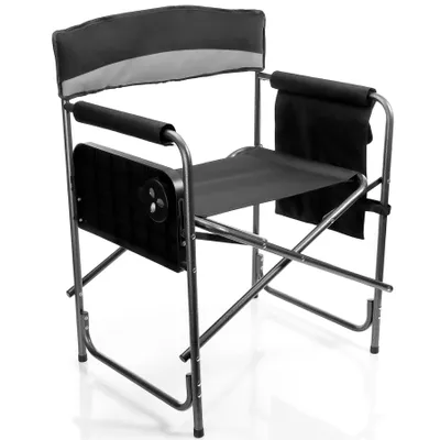 Produktbild von BigDean Campingstuhl 150kg mit Tisch – Klappstuhl mit Getränkehalter + Seitentasche – hochwertiger Angelstuhl in Grau/Schwarz Regiestuhl klappbar
