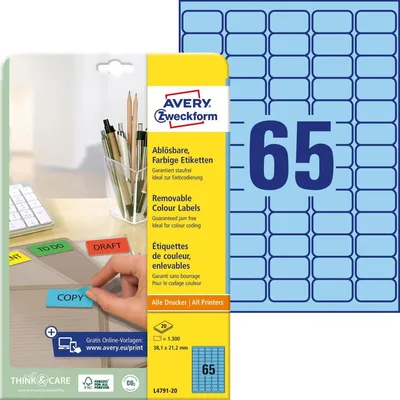 Immagine prodotto di Avery Zweckform L4791-20 Etichette colorate, rimovibili, A4, 38,1 x 21,2 mm, 20 fogli/1.300 etichette, blu