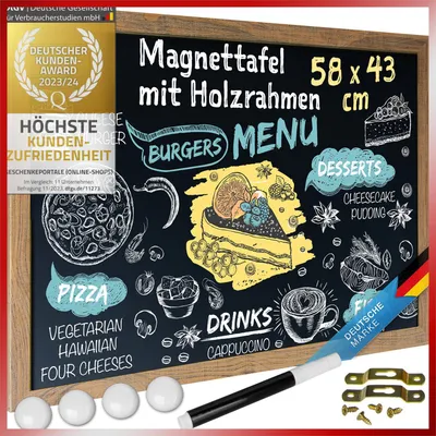 Produktbild von Premium Magnettafel & Kreidetafel mit Holzrahmen (43x58 cm) – Inkl. Kreidestift, 4 Magneten & Befestigung für Büro, Küche & Kinderzimmer