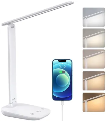 Produktbild von LED-Tischlampe mit Dimmfunktion, 5 Farben, stufenlose Dimmung, augenschonende Nachttischlampe mit USB-Ladefunktion