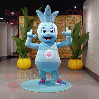 Productafbeelding van Sky Blue Pineapple mascotte REDBROKOLY kostuum karakter gekleed met een yogabroek en ringen