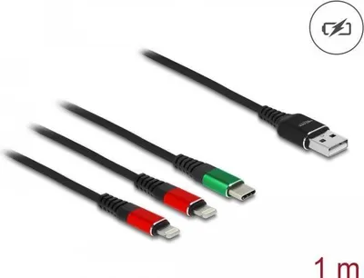 Image de DeLOCK Câble de charge USB 3 en 1 Type-A vers 2 x Lightning™ / USB Type-C™ 1 m, 1 m, USB A, USB C/Lightning, USB 2.0, Noir, Vert, Rouge
