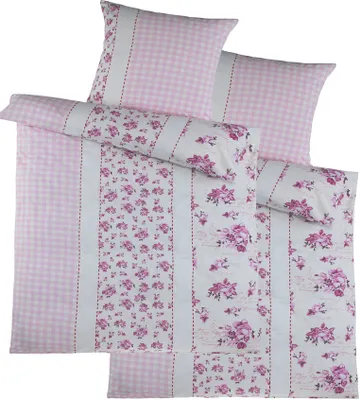 A neatly folded set of bedding with a pink gingham pattern and a floral design.