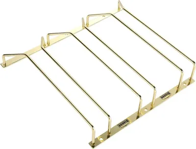 A gold-colored wine glass rack for under-cabinet mounting.