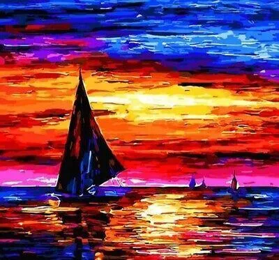 Produktbild von 50x40 cm Malen nach zahlen Set mit Holzrahmen Sonnenuntergang am Meer