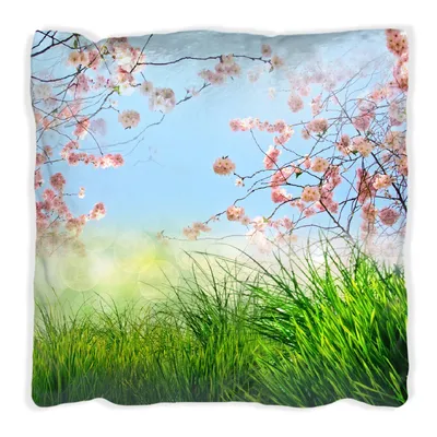 Produktbild von Wallario Premium Kissen, weiche Oberfläche, mit Motiv Kirschblütenzweige und grüne Wiese- Frühling, Größe: 30 x 30 cm, mit weißer Rückseite