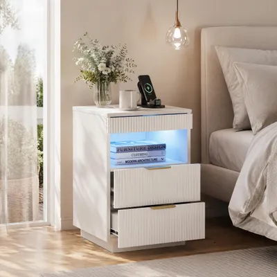 Immagine prodotto di Tavolino da notte INONEFT con LED e USB, comodino con 3 cassetti, tavolino laterale con vani a giorno, 40x40x60 cm, bianco