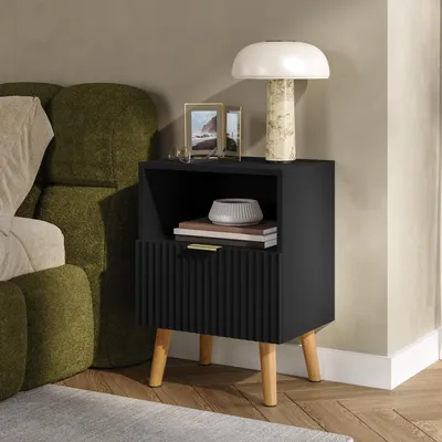 Produktbild von Nachttisch 'Nand' 1 Schublade 1 offenes Fach 55 x 40 x 30 cm Holzbeine Schwarz