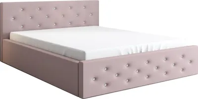 A pink upholstered bed frame with a mattress, shown from a diagonal angle.