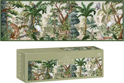 A puzzle box with a puzzle image on top, both depicting a jungle scene with animals.