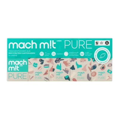 Produktbild von mach m!t PURE Taschentücher 4-lagig - extrem weich & frei von Bleichmitteln - 15x10 Pack - Germany - recycelbar - aus recyceltem Karton