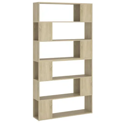 A tall, narrow, light brown wooden bookshelf with six open compartments.