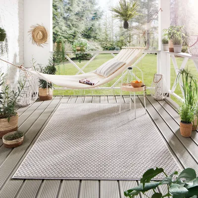 Produktbild von Steffensmeier Indoor Outdoor Teppich Norrland Garten Flur Balkon, wasserfest, strapazierfähig und pflegeleicht, Karo Beige Schwarz, Größe: 280x380 cm