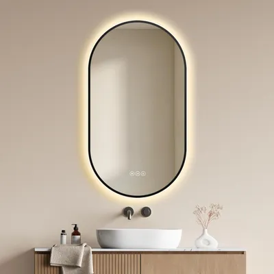 Produktbild von EMKE Badspiegel mit Beleuchtung, Antibeschlag, 3 Lichtfarben Dimmbar, Touch-Tasten, Badezimmerspiegel 90x50 cm Oval Schwarzer Rahmen