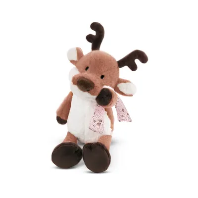 A plush toy reindeer sits on a white background.