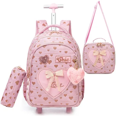Produktbild von Schulranzen mit Rollen für Mädchen, Kinderrucksack Trolley Rosa, 46x30x20cm
