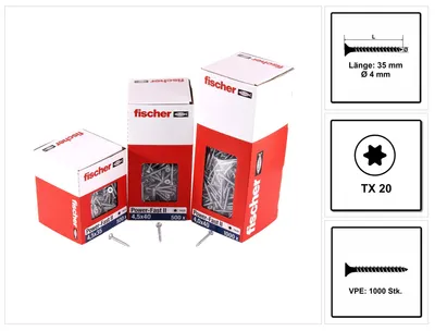 Zdjęcie produktu dla Fischer 1,000x Power-Fast II FPF II CTF 4 x 35 mm BC głowica stożkowa z wewnętrzną gwiazdką TX20 w pełni gwintowana ocynkowana pasywowana na niebiesko - 670625