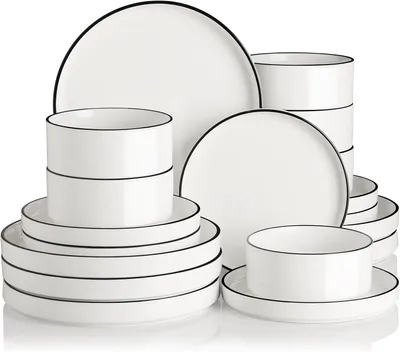 Obrázok produktu pre Servírovacia súprava z porcelánu, 18-dielna, pre 6 osôb, biela a čierna, vhodná do umývačky riadu a mikrovlnnej rúry