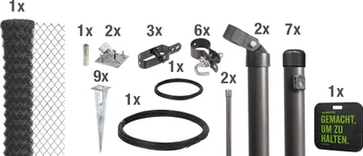 A collection of fencing components laid out on a white background, with quantity labels for each item.