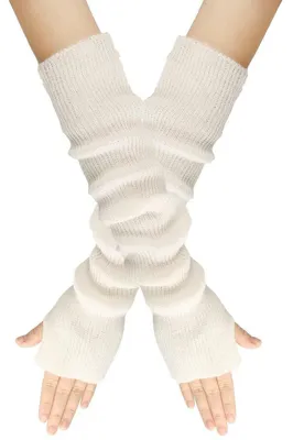 Immagine prodotto di Guanti lunghi da donna, senza dita, in maglia, bianchi, ideali per l'inverno, caldi