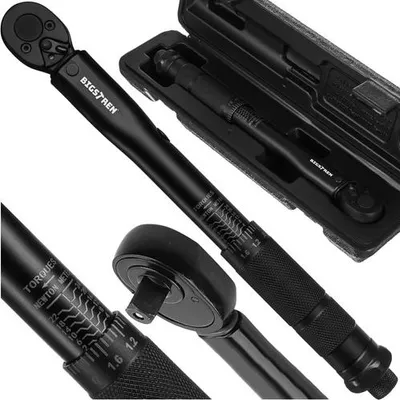 A collage of images showing a black torque wrench and its case, with close-ups of the measurement scale.