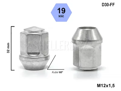 Obrázok produktu pre Matica kolesa M12x1,5 s kužeľom, kľúč 19, výška 32 mm, D30-FF, FORD, VOLVO