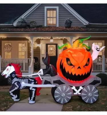 Image de Calèche en forme de citrouille gonflable - Décoration d'Halloween pour l'extérieur - Éclairage LED intégré - 2,4 mètres - En nylon - Idéale pour le jardin et les fêtes