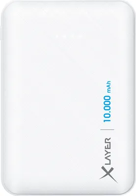 A white power bank with a textured surface and indicator lights at the top.