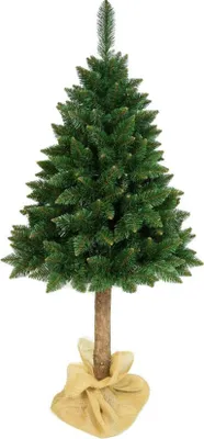 A green artificial Christmas tree on a white background, with a burlap sack around its base.