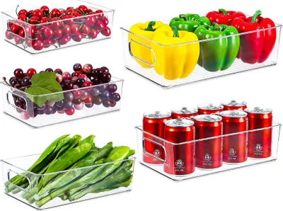 Produktbild von 5tlg Kühlschrank Organizer, Stapelbare Küchen Aufbewahrungsbox Organizer mit Griffe für Speisekammer, Gefrierschrank und Deckenmontage