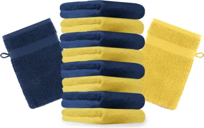 Produktbild von Betz 10 Stück Waschhandschuhe 16x21 cm PREMIUM 100% Baumwolle  Farbe: gelb und dunkelblau