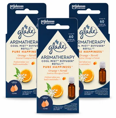 Imagen del producto de 3 unidades de recambio de ambientador Glade Aromatherapy, línea "Pure Happiness", con aroma a naranja y neroli, de 17,4 ml cada uno. Paquete económico