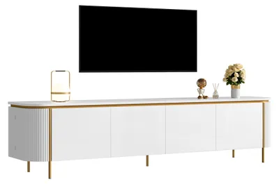 Zdjęcie produktu dla Moonbite TV-Lowboard, 180 cm, z 6 drzwiczkami, szafka pod telewizor bez uchwytów, z otworami na kable i fakturą, metalowe nóżki, płyta MDF, kolor biały