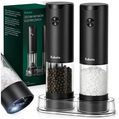 Obrázek produktu pro Kuketo | Sada 2 elektrických mlýnků na sůl a pepř – Keramický mechanismus, 5 stupňů mletí, LED a stojánek