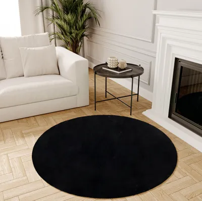 Produktbild von Teppich Rund Shaggy Hochflor Weich Langflor Modern Design Kaninchenfell Wohnzimmer Schlafzimmer Einfarbig Schwarz 100 x 100 cm