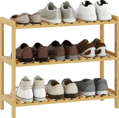 Obrázek produktu pro Bambusový botník - 3 úrovně - Na 9 párů - 70 × 26 × 57,5 cm - Do předsíně/chodby - Světle hnědý