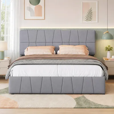 Image de INONEFT, lit tapissé 160x200 cm, velours gris, lit pour adolescents avec 4 tiroirs de rangement, lit double avec repose-tête réglable, lit multifonction avec sommier à lattes