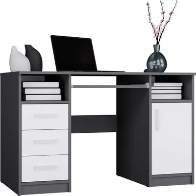 Image de Bureau DELTA avec 3 tiroirs, porte, tablette à clavier coulissante | Couleur : anthracite et blanc