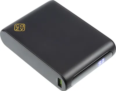 A black power bank is shown from a diagonal angle against a white background.