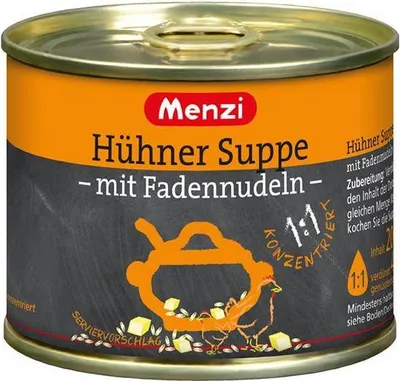 Produktbild von Menzi Hühner Suppe mit Fadennudeln 1000 Ml Dosen  Leicht würziger Geschmack Konzentriert - in der praktischen 5er Stange = 5 Dosen à 200 ml Ohne geschmacksverstärkende Zusatzstoffe