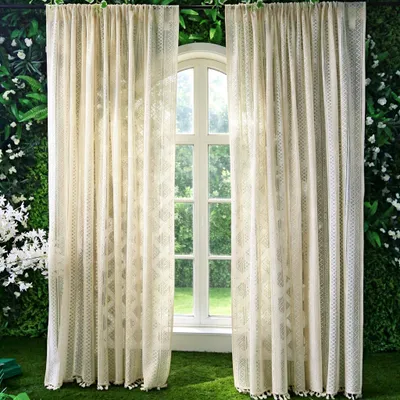 Produktbild von Boho Vorhänge 2er Set Beige Vintage Stricken Gardinen Transparent Vorhang für Wohnzimmer Schlafzimmer, B140xH250cm