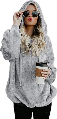Produktbild von ASKSA Damen Pullover Langarm Winter Hoodie Warm Teddy Fleece Oversize Kapuzenpullover Oberteile Tops, Grau, XL