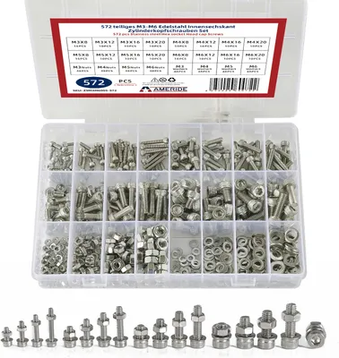 Produktbild von 572pcs Innensechskant Zylinderschrauben M3 M4 M5 M6 Edelstahl Schrauben Muttern Sortiment Set,Silber