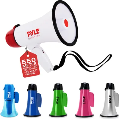 Image de Pyle Mégaphone avec sirène, avertisseur sonore - Siren Megaphone - Mini mégaphone enfants & adultes 20W, mégaphone pliable avec sirène & microphone, volume