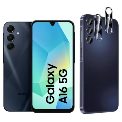 Three views of a dark blue smartphone, one showing the back with cameras, one showing the front with a colorful screen, and one showing the back with a protective case and camera lens protectors.