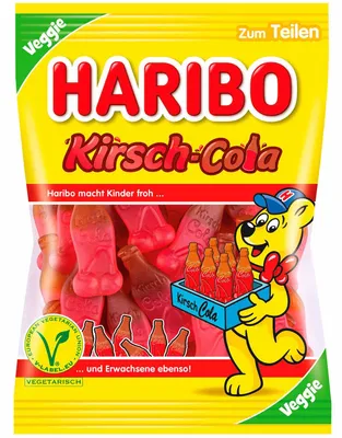 Produktbild von Open Food Haribo Kirsch Cola - Haribo, 25 g, D, Aafaa, 1398 kJ, 334 kcal, 42 g
