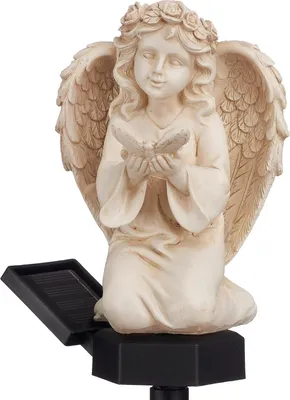 Produktbild von Engel Figur mit Solar LED Licht, aus Kunststein gefertigt, inkl. Erdspieß, ca. 43 cm hoch, wetterfest, ideal zur Deko im Garten als Gartenstecker oder als Grabschmuck