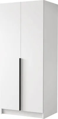 A white wardrobe with black handles against a white background.