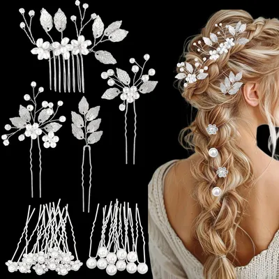 Productafbeelding van Bruiloft haaraccessoires 4 stuks, 10 parelhaarspelden, 10 bloem rhinestone haarclips, voor bruiloft