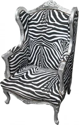Produktbild von Casa Padrino Barock Lounge Thron Sessel Zebra / Silber - Ohren Sessel - Ohrensessel Tron Stuhl